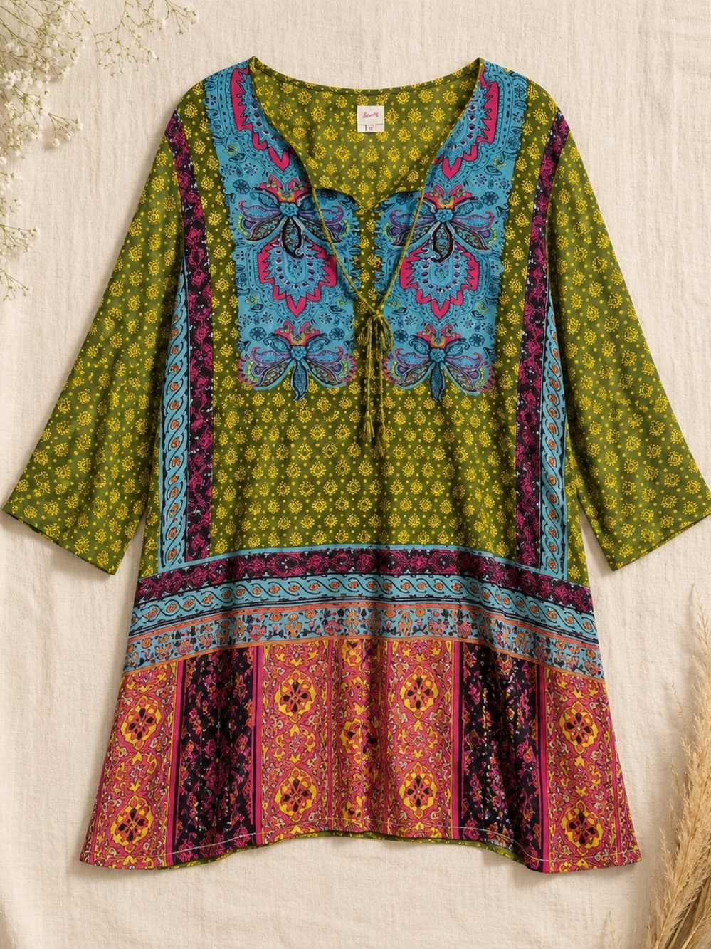 Anandas Collection Boho Rayon Paisley Tie Neck Tunic 23 PTP